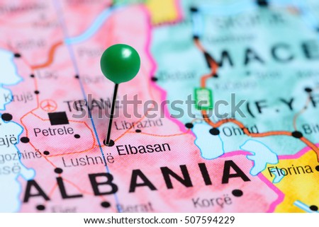 Elbasan pinned on a map of Albania
