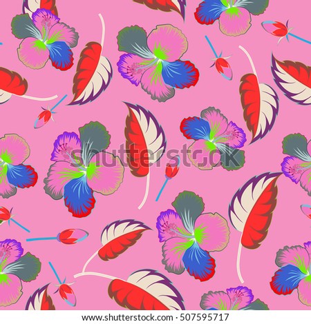 Seamless pattern with tropical flowers in watercolor style. Hibiscus pattern on a pink background.