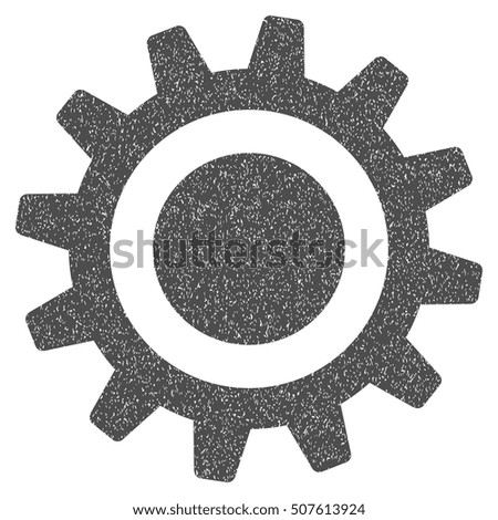Cog grainy textured icon for overlay watermark stamps. Flat symbol with dust texture. Dotted vector gray ink rubber seal stamp with grunge design on a white background.