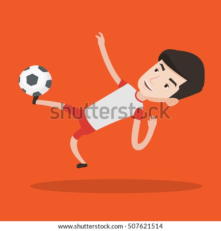 Young caucasian soccer player kicking ball during game. Happy male soccer player juggling with a ball. Football player playing with soccer ball. Vector flat design illustration. Square layout.