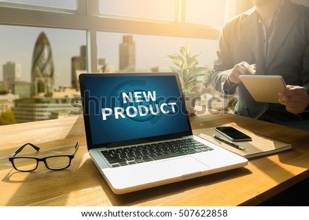 NEW PRODUCT think Innovation Launch Marketing   Thoughtful male person looking to the digital tablet screen, laptop screen,Silhouette and filter sun