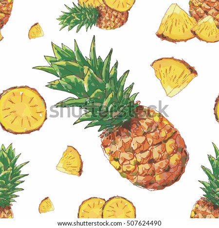 Seamless vector pattern with watercolor pineapple on color background
