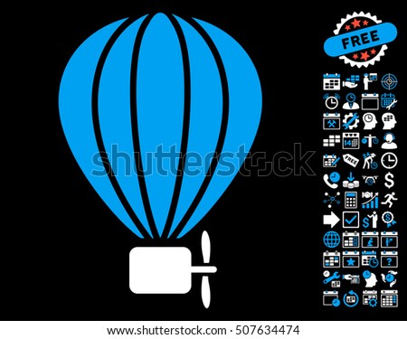 Aerostat Balloon icon with bonus calendar and time service images. Vector illustration style is flat iconic symbols, blue and white colors, black background.