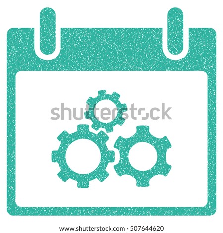 Mechanics Gears Calendar Day grainy textured icon for overlay watermark stamps. Flat symbol with dust texture. Dotted vector cyan ink rubber seal stamp with grunge design on a white background.