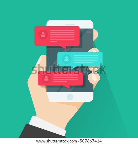 Mobile phone chat message notifications vector illustration isolated on color background, hand with smartphone and chatting bubble speeches, concept of online talking, speak, conversation, dialog Royalty-Free Stock Photo #507667414