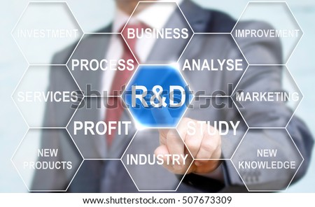 Businessman touched r and d sign. R d icon network business concept word cloud background tag. R&D: Research and development word lettering typography design illustration with line icons and ornaments Royalty-Free Stock Photo #507673309
