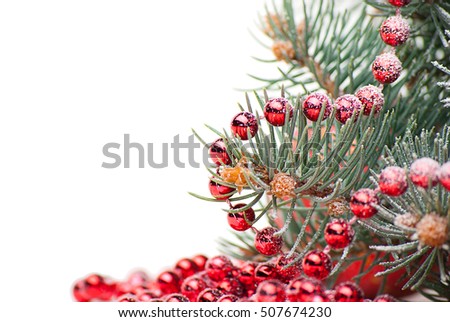 Christmas decorations with branch of tree on white