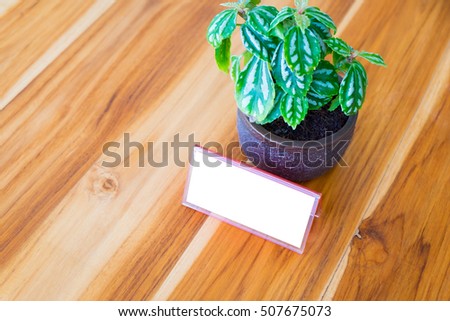 Restaurant reserved table sign with flowerpot on wooden desk.