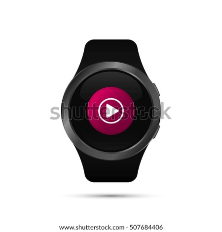 Smart watch with media player app symbol. Vector isolated color illustration.