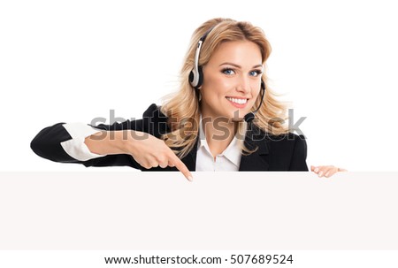 Call center. Customer support service phone operator in headset showing signboard with copyspace area for text or advertise slogan, isolated on white. Customer service help consulting concept. 