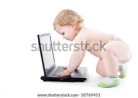 Boy and a laptop isolated on a white background