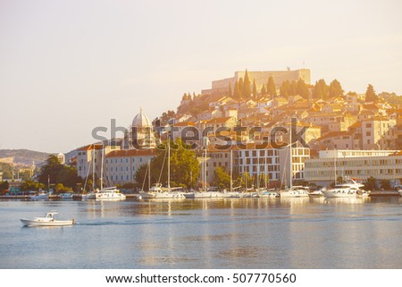 Old Town of Sibenik at the morning light, view from seaside, Croatia