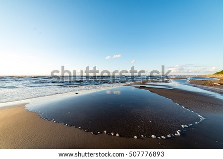 comfortable beach of the baltic sea with rocks and green vegetation in summer
