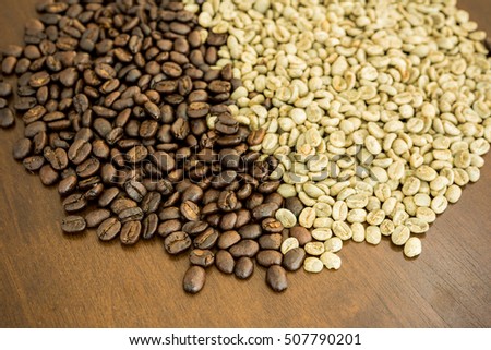 coffee beans on the wooden table, can be used as a background
