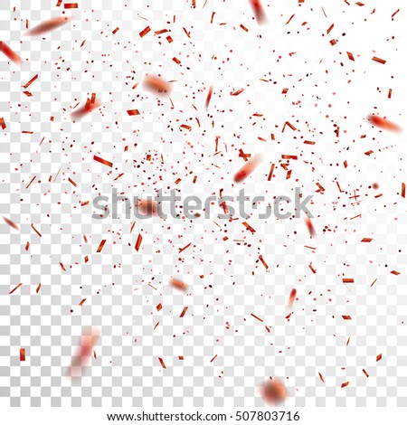 Red Confetti. Vector Festive Illustration of Falling Shiny Confetti Isolated on Transparent Checkered Background. Holiday Decorative Tinsel Element for Design.