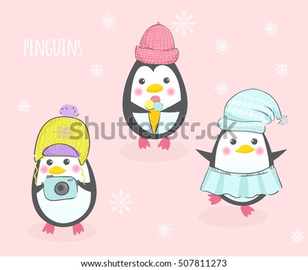 Set with three cute penguins in hats. Poster or card with a cartoon character. Vector illustration.