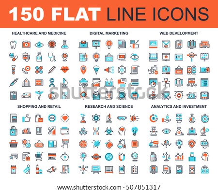 Vector set of 150 flat line web icons on following themes - healthcare and medicine, digital marketing, web development, shopping and retail, research and science, analytics and investment Royalty-Free Stock Photo #507851317