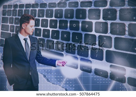 Businessman pressing abstract keyboard button on background with map. International business and communication