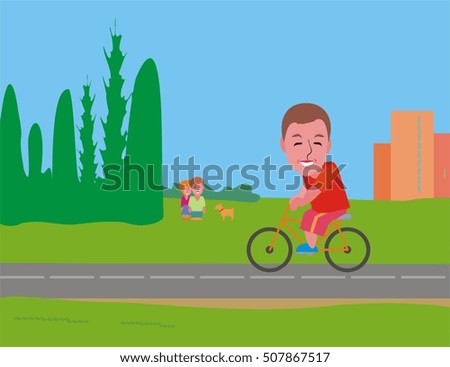 Summer landscape with the trees, buildings and man on bike