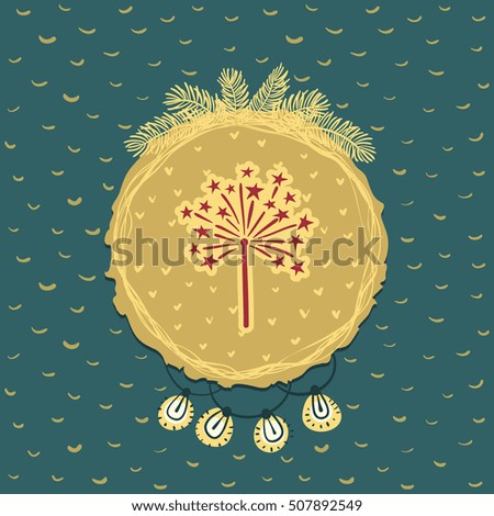 Christmas and New Year round frame with sparkling firework symbol. Doodle illustration greeting card.