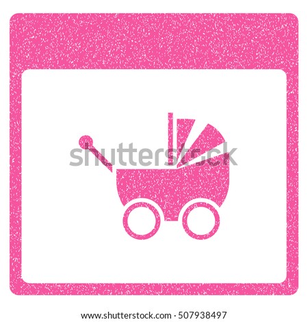 Baby Carriage Calendar Page grainy textured icon for overlay watermark stamps. Flat symbol with unclean texture. Dotted vector pink ink rubber seal stamp with grunge design on a white background.