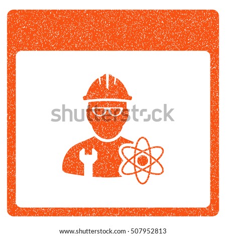 Atomic Engineer Calendar Page grainy textured icon for overlay watermark stamps. Flat symbol with dirty texture. Dotted vector orange ink rubber seal stamp with grunge design on a white background.