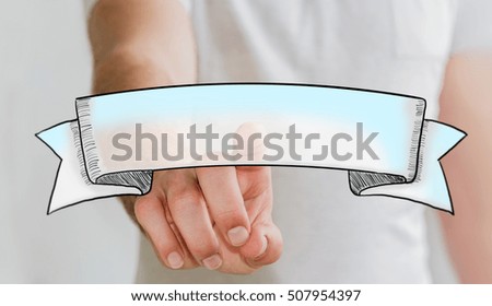 Man touching hand drawn banner ribbon with his finger