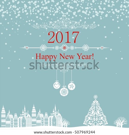 2017 Happy New Year greeting card. Celebration background with Christmas Landscape, Christmas balls, Christmas tree and place for your text.  Illustration