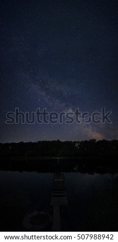 Human on the bridge at the night lake looking at the cosmos milky way 