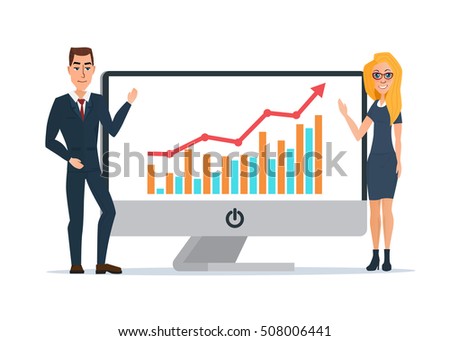 Business women and men present graphs on the in computer laptop display. Business cartoon concept. Vector illustration isolated on white background in flat style.