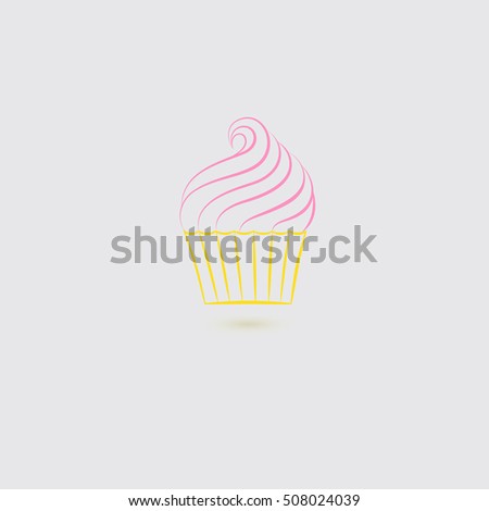 Single Icon of Cupcake in Yellow Box with Pink Cream. Line Art Vector. 