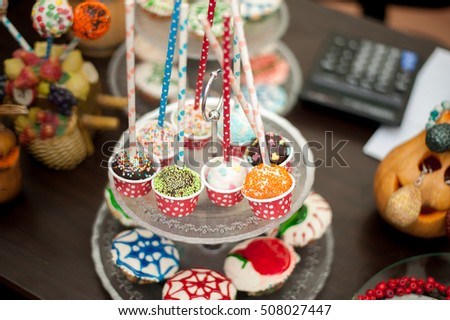 Halloween decoration, sweets, shallow focus, candy bar for kids birthday party