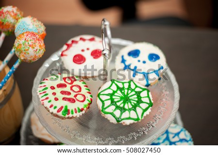 Halloween decoration, sweets, shallow focus, candy bar for kids birthday party
