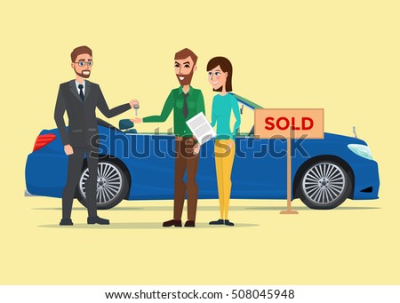Man, woman and car dealer. Business cartoon concept. Vector creative color illustrations flat design in flat modern style.
