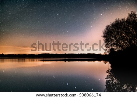 Natural Starry night sky caught with reflection in the water and a tree on a side