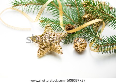 Christmas background. New year. 2017. tree, gold, cones, ornaments. White space place