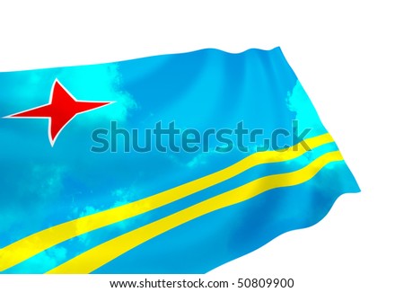 Illustration of Aruba flag over the sky ,waving in the wind