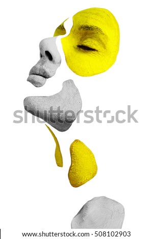 Creative makeup. Conceptual idea of bold body art painting. Abstract picture on woman face. Isolated on white.