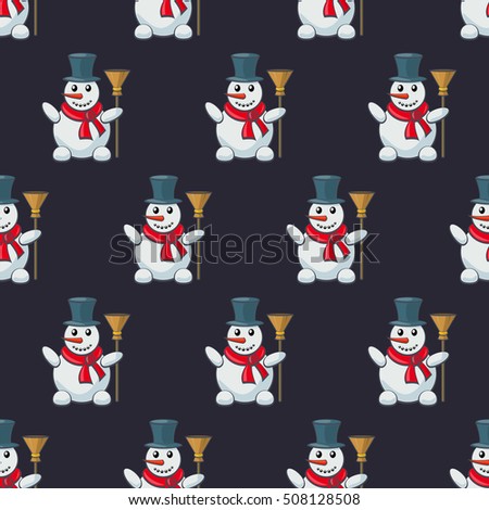 Snowman, seamless pattern, image of funny light blue  with orange nose, in a black tall hat and red scarf, with a broom in his hand. Winter, Holiday, Christmas, New Year. Vector Illustration.