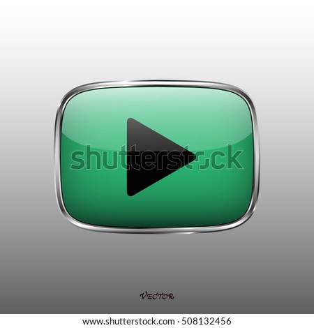The play button, rounded square shape, isolated on white background. Media player icon. Light green color button on silver border.