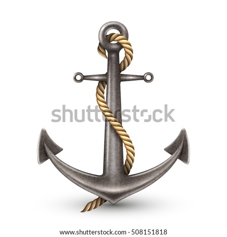 Realistic shiny steel anchor with yellow rope rings and shadow on white background isolated vector illustration   Royalty-Free Stock Photo #508151818