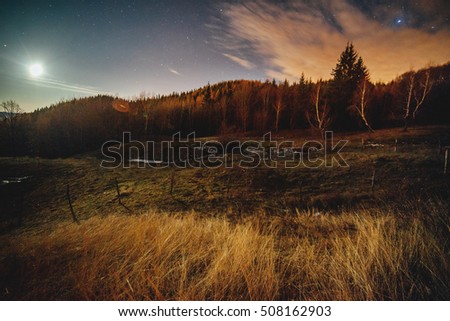 Moonlight and stars in night sky over meadow in country forest. 