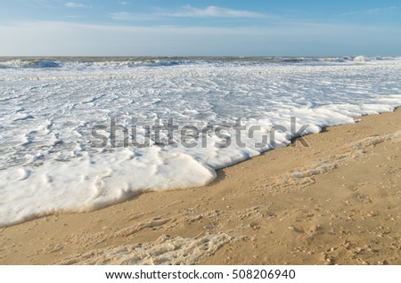 north sea beach full of foam on a windy spring day