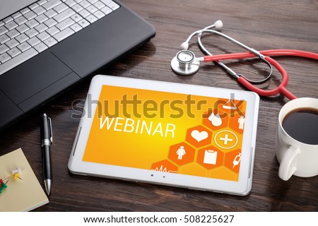 Webinar on screen tablet pc, health concept. Information technology and mobile application in healthcare/medical. Royalty-Free Stock Photo #508225627