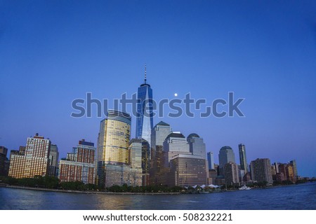 Panoramic view of lower Manhattan cityscape at night. New York City, USA.