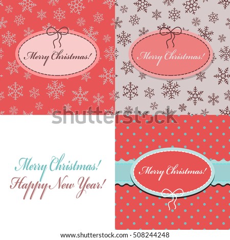 Set of christmas  pastel red  flat background with the little dots, snowflakes, ribbon and oval frame with bow and stitched thread for congratulations. Can be used as greeting card