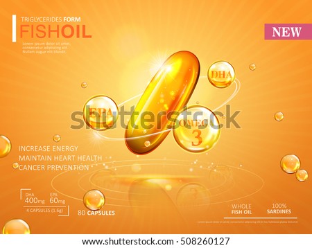 Fish oil ads template, omega-3 softgel isolated on chrome yellow background. 3D illustration. Royalty-Free Stock Photo #508260127