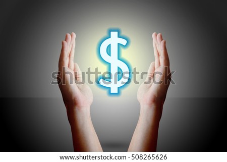 Protect dollar symbol concept. Hands protecting drawn dollar sign from rains.