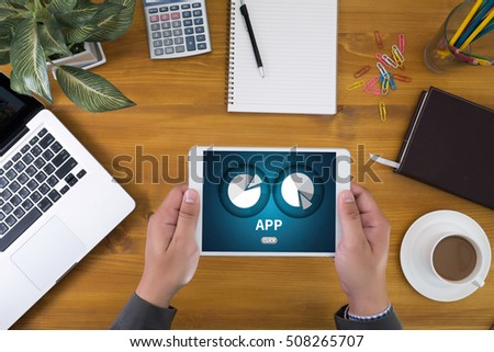 APP drawn media icons  Corporate identity mock up on an hardwood desk with laptop, tablet, smartphone and a cup of coffee, top view