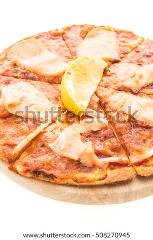 Pizza smoked salmon and lemon on wooden plate isolated on white background - Unhealthy and Junk food